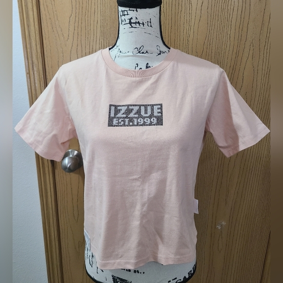 Izzue Pink Peach Rhinestone Logo Tag Boxy Streetwear Crop Top - Picture 1 of 6